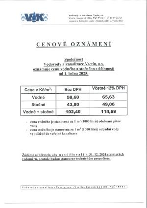 Cenové oznámení společnosti VaK Vsetín, a.s. 1