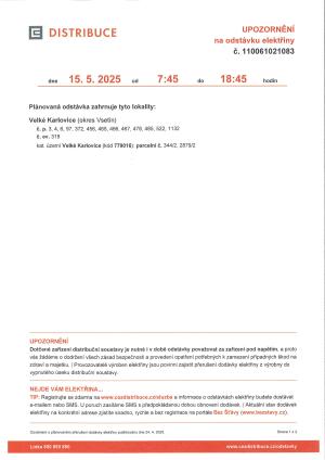 Plánovaná odstávka elektřiny 15. 5. 2025